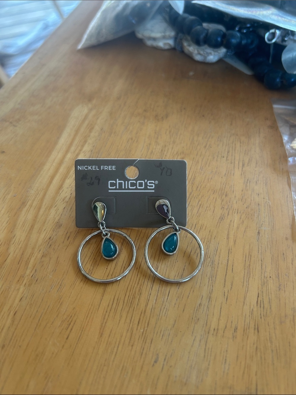 Chico's Silver Hoop Earrings with Teal Teardrop Stones